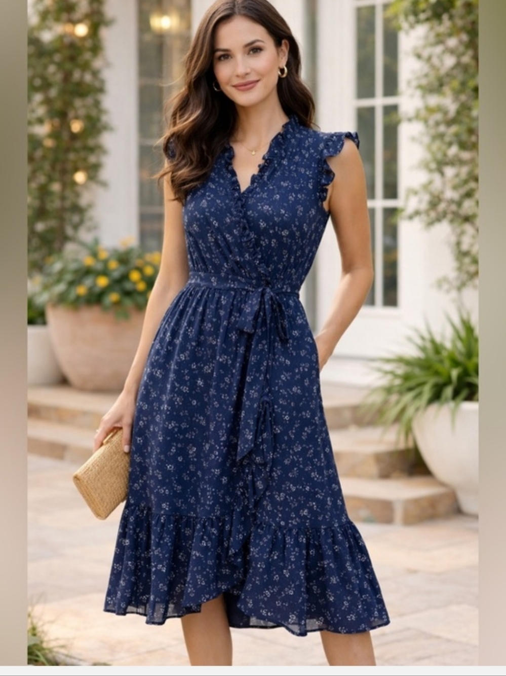kate spade Navy Floral Ruffle Wrap Midi Dress